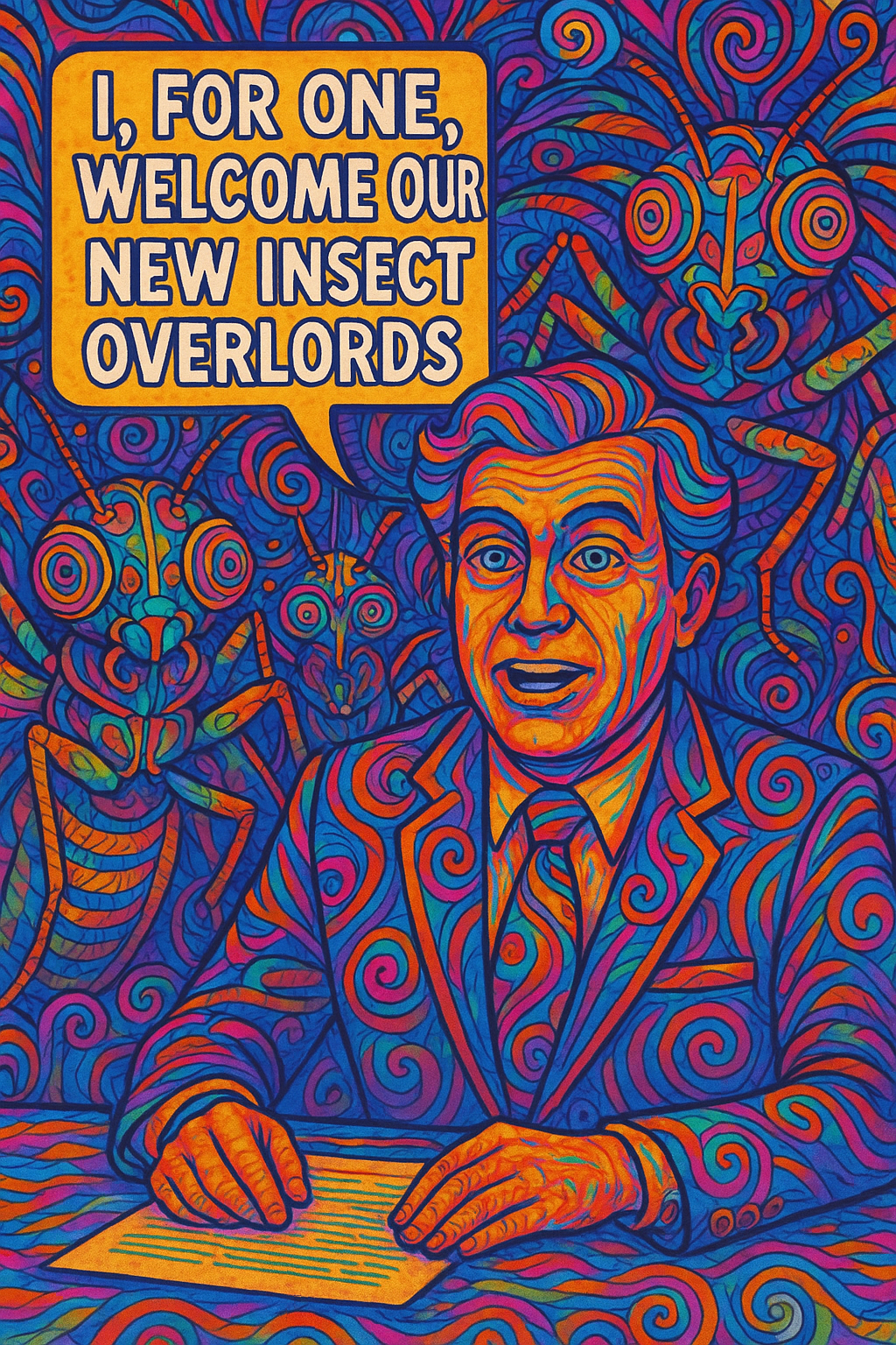 Trippy news anchor saying 'I, for one, welcome our new insect overlords'